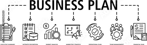 Business Plan web icon vector illustration concept with icon of (executive summary,business description,market analysis,marketing strategy,operational plan,team management,financial plan)