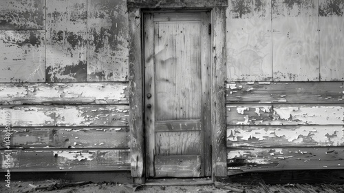 A weathered door still standing strong and serving its purpose despite its worn appearance. Black and white art photo