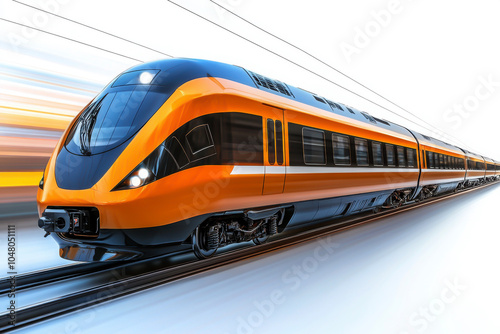 Modern high-speed train in motion against a white isolated background.