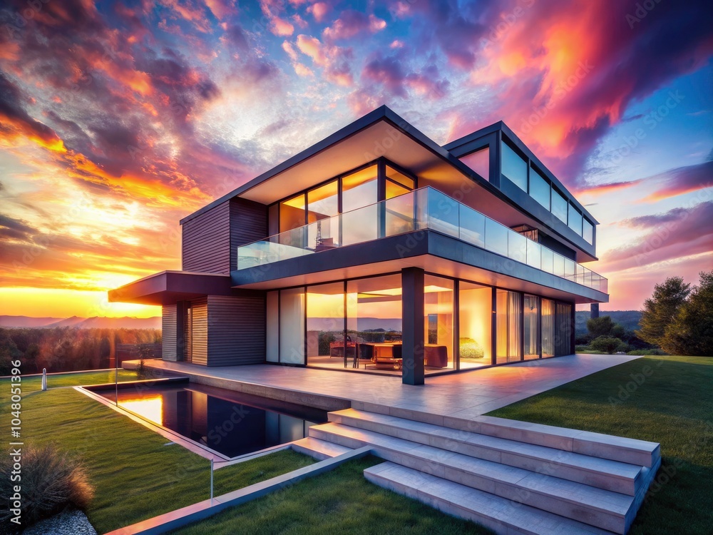Modern Home Architecture at Sunset - Sleek Geometric Design with Glass Windows, Minimalist Elegance, Futuristic Aesthetics, Warm Glow, Luxurious Living Space, Architectural Photography