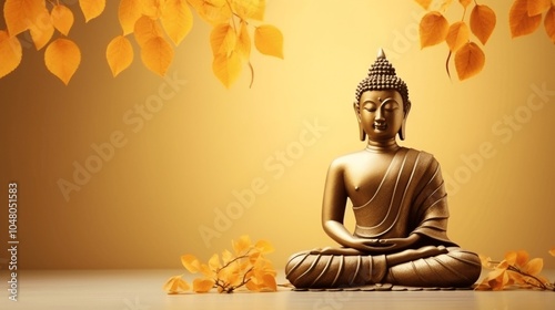 Serene Buddha Statue with Golden Leaves Background