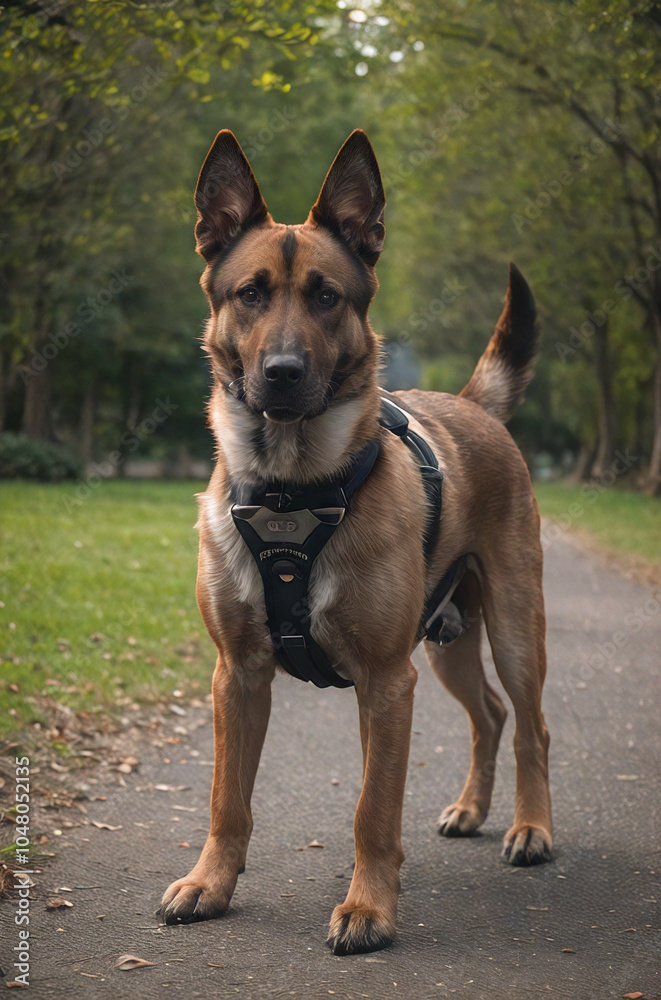Dogs. Malinois. Dog in a beautiful collar, harness. Dogs. Malinois. Dog in a beautiful collar, harness.