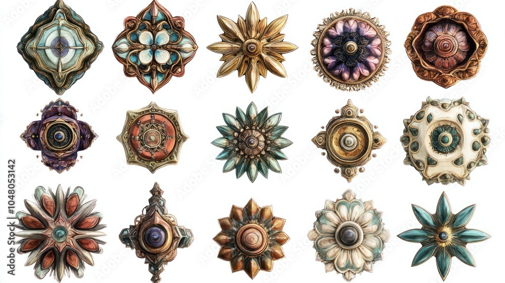 A collection of beautifully detailed ornaments displayed on a white isolated background, sharp focus on the intricate designs, vibrant colors, ultra-realistic textures, 32K resolution A collection of beautifully detailed ornaments displayed on a white isolated background, sharp focus on the intricate designs, vibrant colors, ultra-realistic textures, 32K resolution
