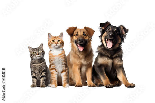 Playful group of pets with one cat and three dogs, with joyful expressions and friendly vibe. companionship and fun concept on transparent background