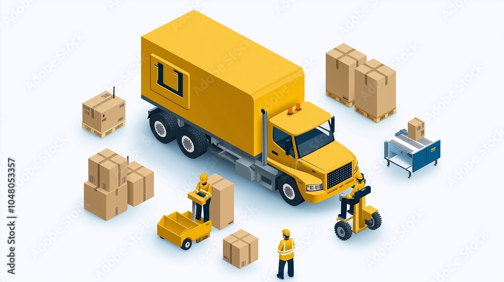 Modern Factory View with Delivery Truck and Workers Modern Factory View with Delivery Truck and Workers
