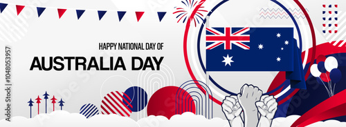 Australia day festive banner. Vibrant modern template for national holiday celebration with raised hands and flag. January 26th. Happy national day of Australia