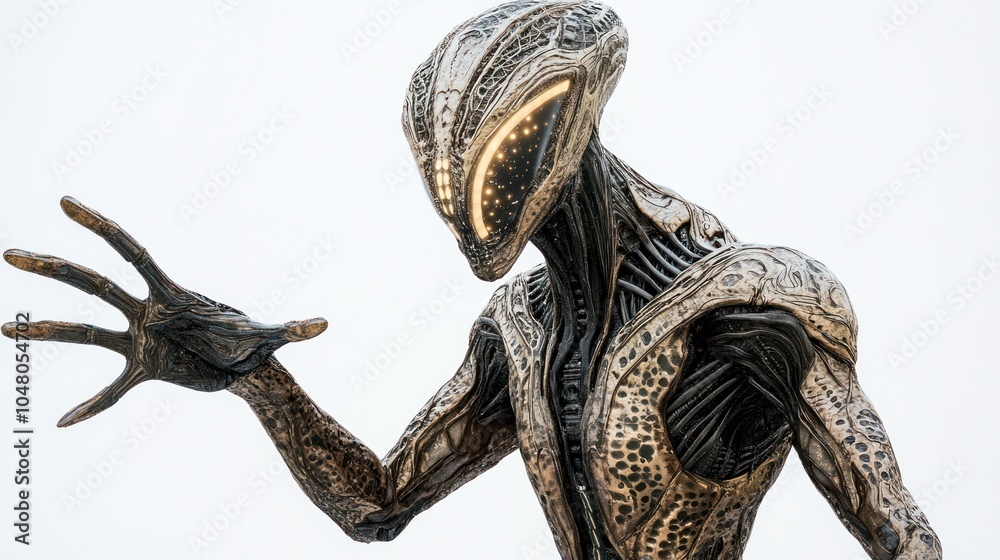 Fototapeta premium A full-body depiction of a tall alien being, with intricate skin patterns and bio-luminescent details, positioned on a white isolated background, ultra-detailed textures.