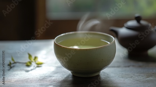 Green tea in a ceramic cup on a wooden table with a teapot