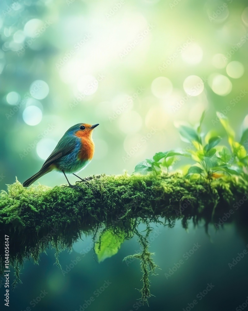 Small Robin Perched on Mossy Branch in Soft Bokeh Small Robin Perched on Mossy Branch in Soft Bokeh