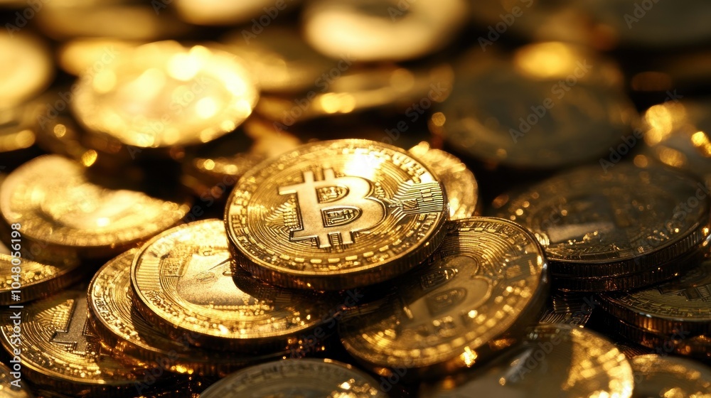 Stack of coins with gold metal bitcoin logo currency investment global background wallpaper AI generated image Stack of coins with gold metal bitcoin logo currency investment global background wallpaper AI generated image