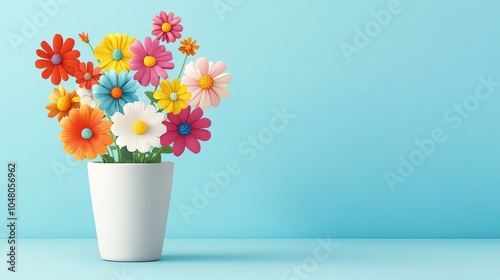 Colorful flowers in a vase on a blue background