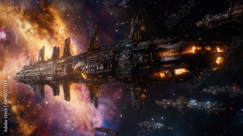 Fototapeta Naklejka Na Ścianę i Meble -  A massive futuristic spaceship concept art, hovering in a galaxy, featuring highly detailed metallic structures and glowing engines, cinematic lighting.