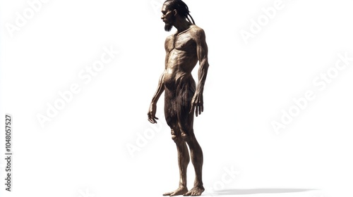 A paleoanthropological depiction of an ancient man, with scientifically accurate details, standing on a white background, ultra-detailed skin textures and bone structure. photo