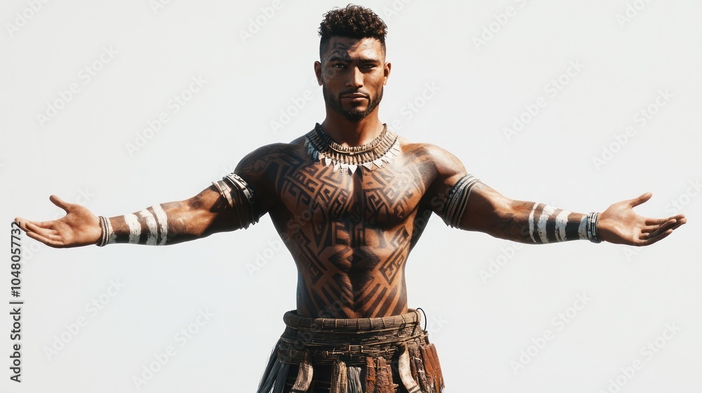 A realistic ancient man with tribal tattoos covering his arms and chest, standing on a clean white background, ultra-detailed textures of skin and ink, vibrant lighting A realistic ancient man with tribal tattoos covering his arms and chest, standing on a clean white background, ultra-detailed textures of skin and ink, vibrant lighting