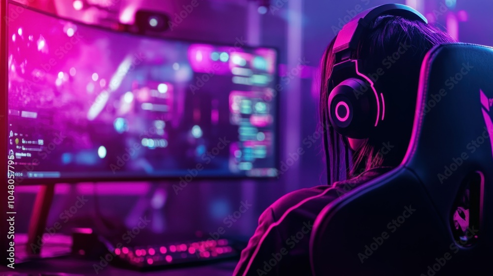 A female gamer is looking at a monitor with glowing purple lighting background wallpaper AI generated image A female gamer is looking at a monitor with glowing purple lighting background wallpaper AI generated image