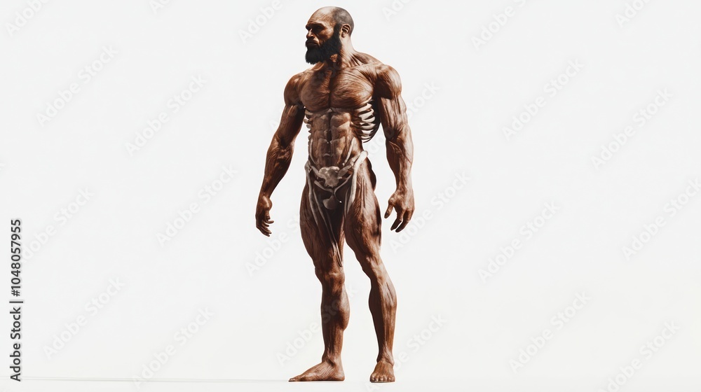 A scientific representation of an ancient man, standing on a white background, ultra-detailed skeletal and muscular features, lifelike skin textures, vibrant lighting A scientific representation of an ancient man, standing on a white background, ultra-detailed skeletal and muscular features, lifelike skin textures, vibrant lighting