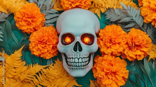 A vibrant skull surrounded by bright orange marigold flowers and green ferns, creating a striking contrast and a festive atmosphere.