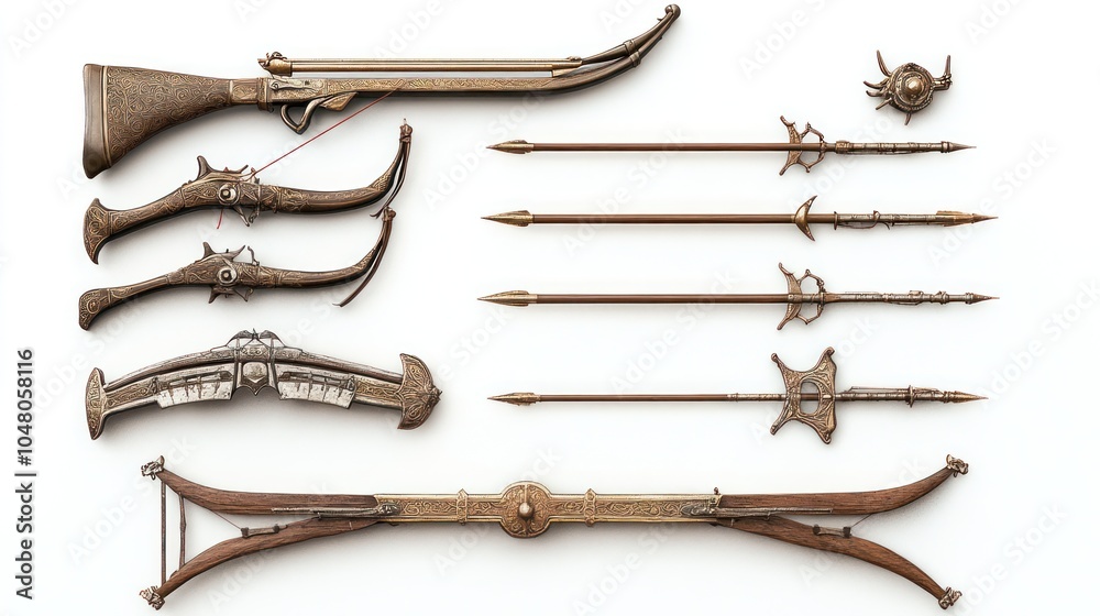 Obraz premium A set of antique European battle weapons, including crossbows and spears, arranged on a white background, hyper-detailed surfaces with intricate engravings, soft shadows