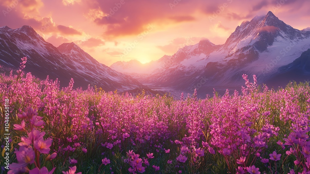 Obraz premium Mountain sunset over vibrant flower meadow