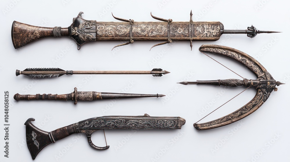 Obraz premium A set of antique European battle weapons, including crossbows and spears, arranged on a white background, hyper-detailed surfaces with intricate engravings, soft shadows