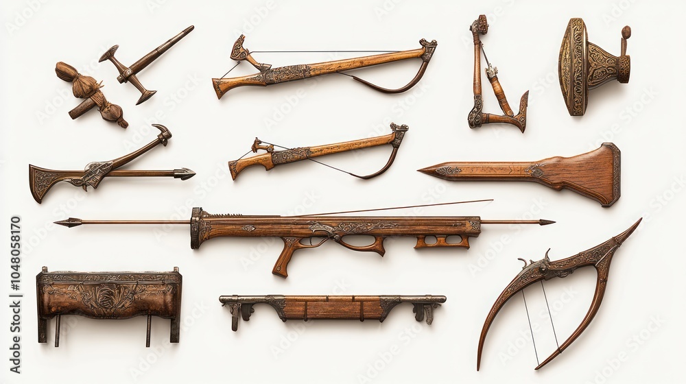 Obraz premium A set of antique European battle weapons, including crossbows and spears, arranged on a white background, hyper-detailed surfaces with intricate engravings, soft shadows