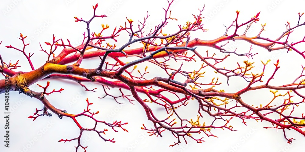Stark Leafless Tree Branch Against White Background Highlighting Intricate Twigs and Barren Structure for Nature, Minimalism, and Artistic Concepts Stark Leafless Tree Branch Against White Background Highlighting Intricate Twigs and Barren Structure for Nature, Minimalism, and Artistic Concepts