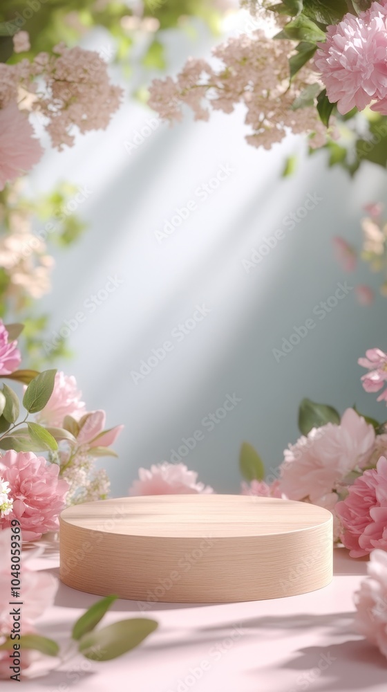 Elegant wooden podium surrounded by lush fresh flowers illuminated by soft sunlight creating a serene atmosphere for celebrations Elegant wooden podium surrounded by lush fresh flowers illuminated by soft sunlight creating a serene atmosphere for celebrations
