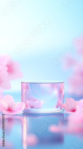 Delicate serenity a transparent podium surrounded by pastel flower petals perfect for elegant displays and minimalist decor