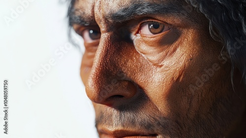 Close-up of an ancient man, reconstructed based on paleoanthropological evidence, displayed on a clean white background, sharp facial features, lifelike hair, and skin