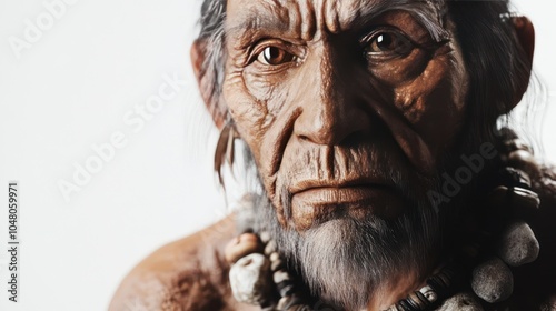 Close-up of an ancient man with primitive jewelry made from bones and stones, displayed on a bright white background, sharp textures and lifelike lighting photo