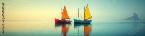 Two colorful sailboats anchored in tranquil waters at sunset.
