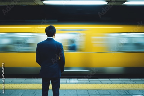 忙しい朝の駅で待つスーツ姿の男性と通過する黄色い電車の瞬間を捉えた photo