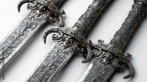 Close-up of antique sword replicas with ornate hilts and blades, placed on a white background, hyper-detailed metal textures and intricate craftsmanship, lifelike shadows photo