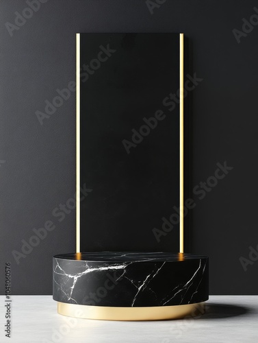 Stunning shiny black podium with gold accents a geometric marvel for modern displays and presentations