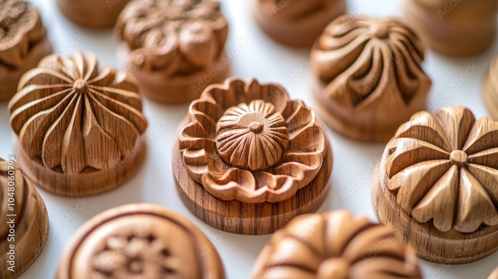 Close-up of hand-carved wooden ornaments, sharp focus on the intricate craftsmanship, set on a white background, detailed wood grain textures, natural shadows Close-up of hand-carved wooden ornaments, sharp focus on the intricate craftsmanship, set on a white background, detailed wood grain textures, natural shadows