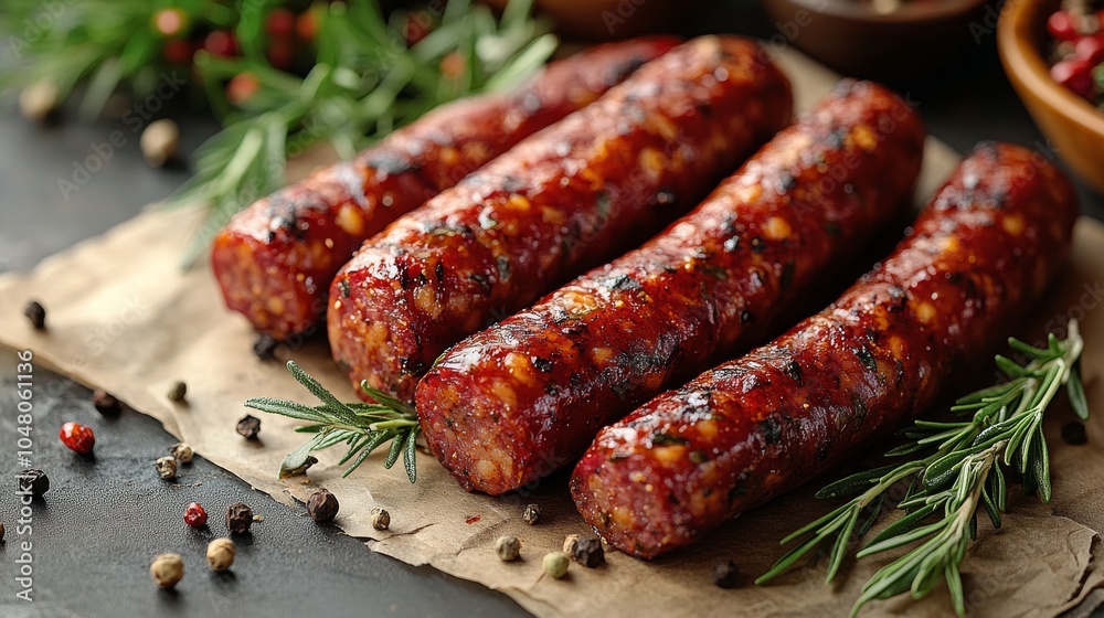 Grilled sausages garnished with herbs and spices Grilled sausages garnished with herbs and spices