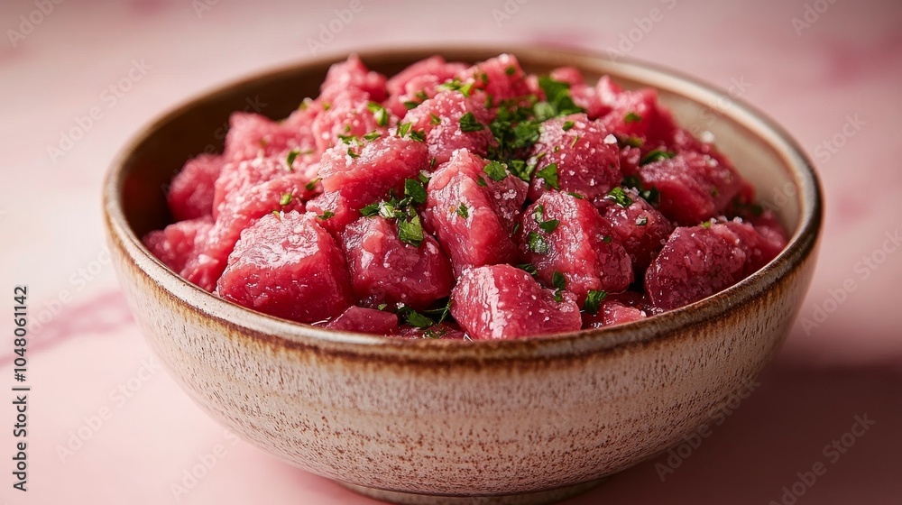 Freshly prepared beef tartare garnished with herbs Freshly prepared beef tartare garnished with herbs