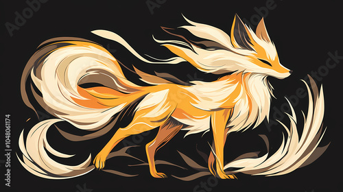 Illustration of a nine-tailed fox on a black background. Nine-Tailed Fox. Illustration photo