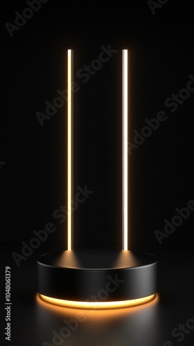Sleek polished black metal podium with striking gold edges and sharp geometric design for modern displays and presentations