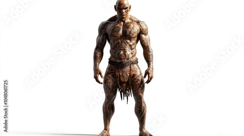 Full-body depiction of an ancient man with tribal tattoos, standing on a bright white background, detailed ink patterns, realistic skin textures photo