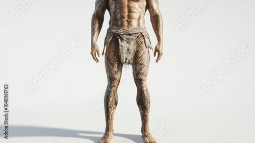 Full-body depiction of an ancient man with tribal tattoos, standing on a bright white background, detailed ink patterns, realistic skin textures photo