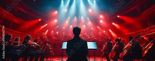 An AI-assisted orchestra performing a symphony, robotic musicians, instruments glowing with light, a futuristic concert hall