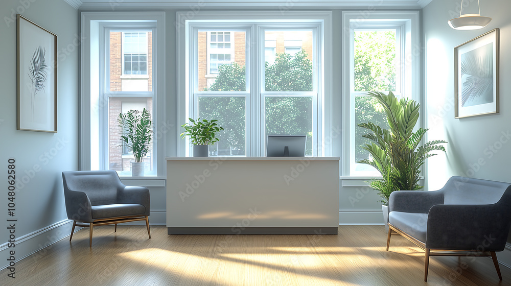 Obraz premium elegant office reception with modern decor and natural sunlight
