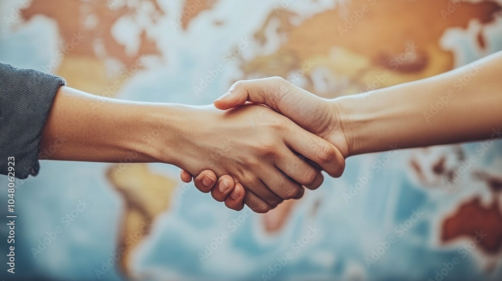 © David Martínez - Apretón de manos entre dos personas frente a un mapa, simbolizando acuerdo global, cooperación y alianzas internacionales