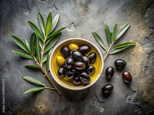 Top View of Black Olives and Extra Virgin Olive Oil Surrounded by Olive Tree Branches on Gray Concrete Surface for Culinary and Healthy Lifestyle Themes photo