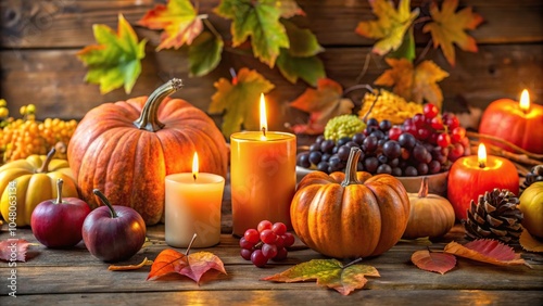 Thanksgiving pumpkins and candles on a wooden table with autumn leaves and grapes macro