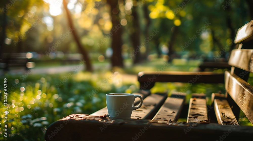 Fototapeta premium A quiet park bench with coffee novel and soft breeze rustling the pages