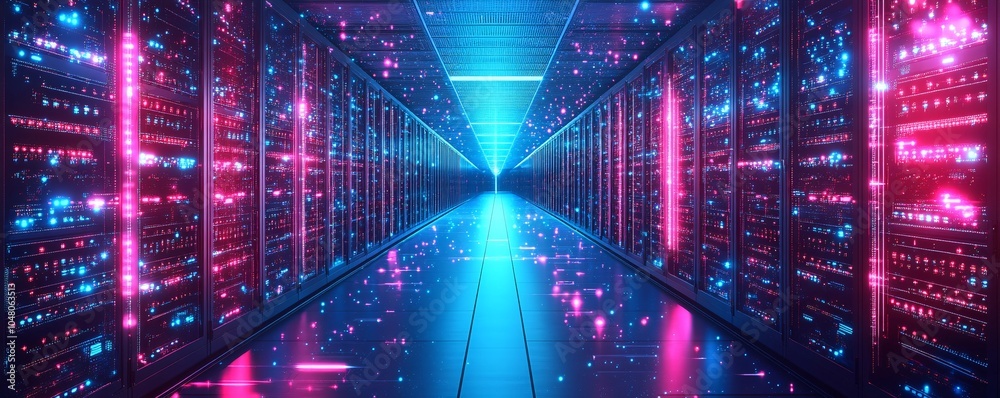 Obraz premium A vast AI-run data center, endless rows of servers, glowing lights, advanced cooling systems, a sense of immense power and knowledge