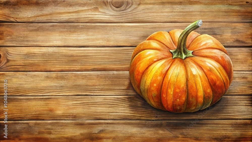 Thanksgiving or autumnal decoration with pumpkin on wooden background, watercolor style high angle view Thanksgiving or autumnal decoration with pumpkin on wooden background, watercolor style high angle view