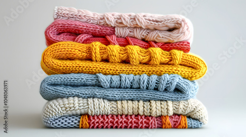 Stack of folded wool knitted baby clothes and accessories